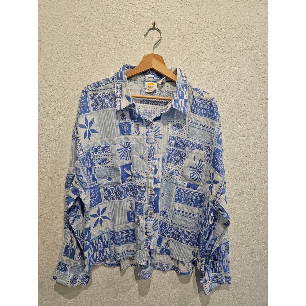 C&C California Long Sleeve  blue floral Tops for Women sz xl